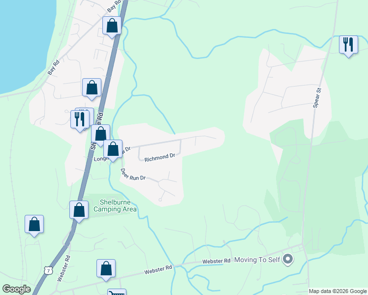 map of restaurants, bars, coffee shops, grocery stores, and more near 262 Richmond Drive in Shelburne