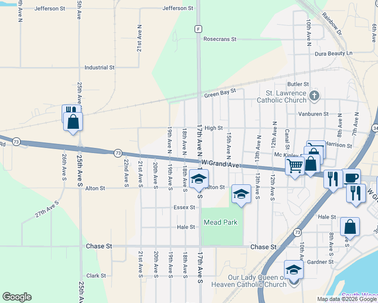 map of restaurants, bars, coffee shops, grocery stores, and more near 110 18th Avenue North in Wisconsin Rapids