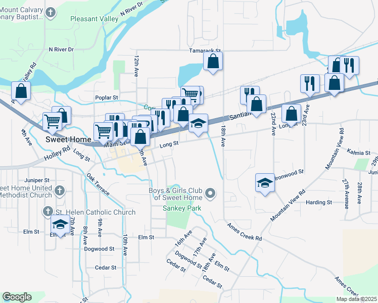 map of restaurants, bars, coffee shops, grocery stores, and more near 1641 Long Street in Sweet Home