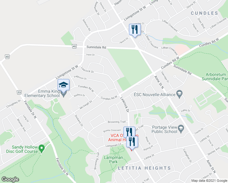 map of restaurants, bars, coffee shops, grocery stores, and more near 3 Ferguson Drive in Barrie