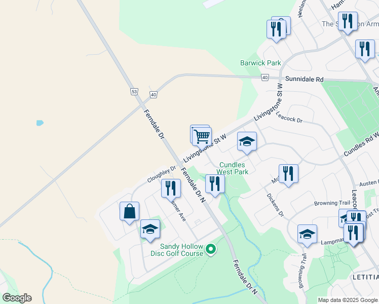 map of restaurants, bars, coffee shops, grocery stores, and more near 372 Livingstone Street West in Barrie