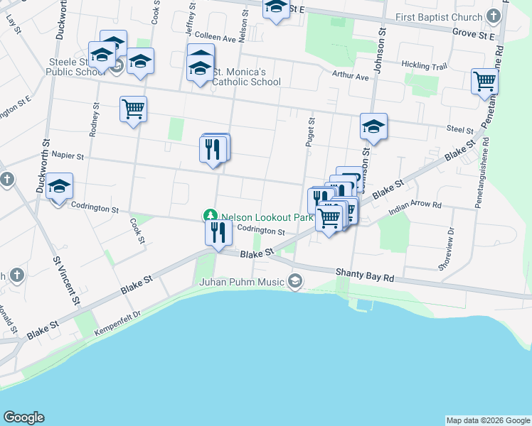 map of restaurants, bars, coffee shops, grocery stores, and more near 53 Vancouver Street in Barrie
