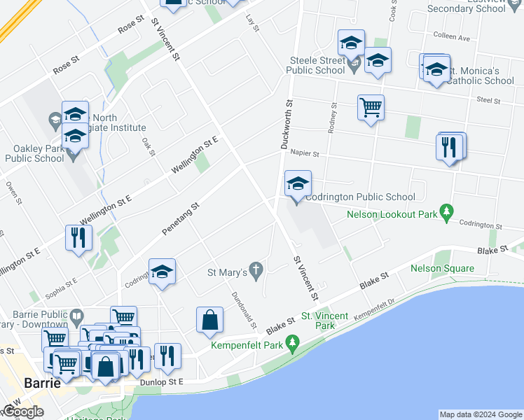 map of restaurants, bars, coffee shops, grocery stores, and more near 183 Codrington Street in Barrie