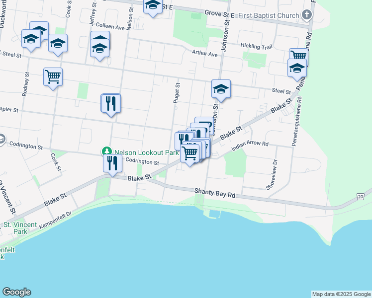 map of restaurants, bars, coffee shops, grocery stores, and more near 5 Varden Crescent in Barrie