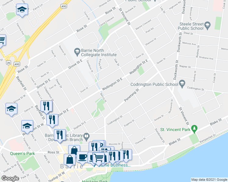 map of restaurants, bars, coffee shops, grocery stores, and more near 18 Queen Street in Barrie