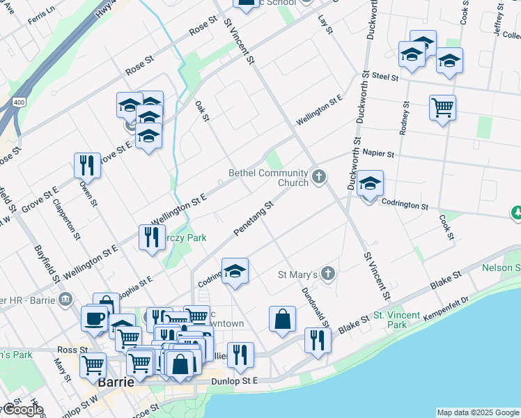 map of restaurants, bars, coffee shops, grocery stores, and more near 80 Penetang Street in Barrie