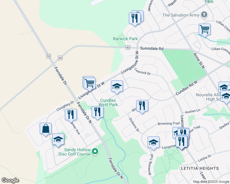 map of restaurants, bars, coffee shops, grocery stores, and more near 378 Cundles Road West in Barrie