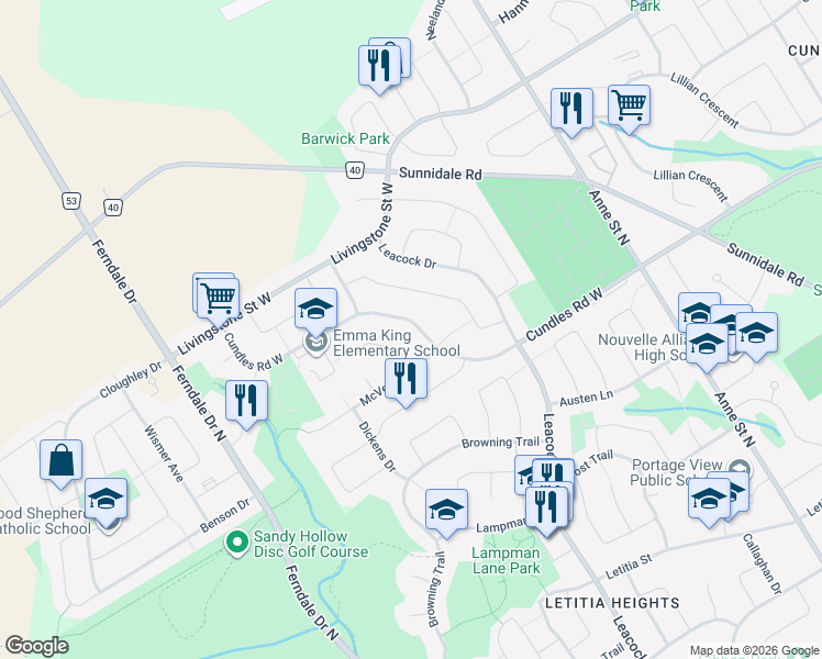 map of restaurants, bars, coffee shops, grocery stores, and more near 330 Cundles Road West in Barrie