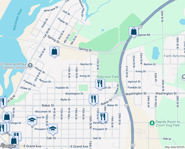 map of restaurants, bars, coffee shops, grocery stores, and more near 1110 16th Street north in Wisconsin Rapids