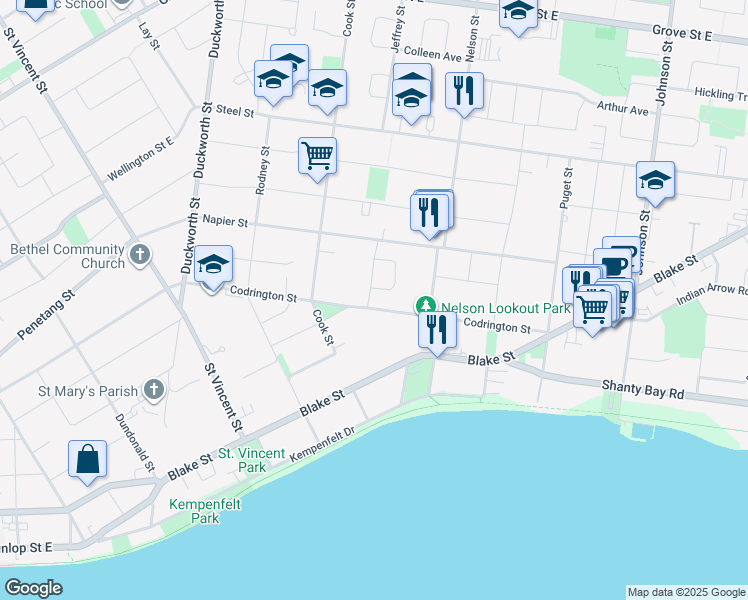 map of restaurants, bars, coffee shops, grocery stores, and more near 322 Codrington Street in Barrie