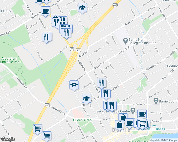 map of restaurants, bars, coffee shops, grocery stores, and more near 2 Grove Street East in Barrie