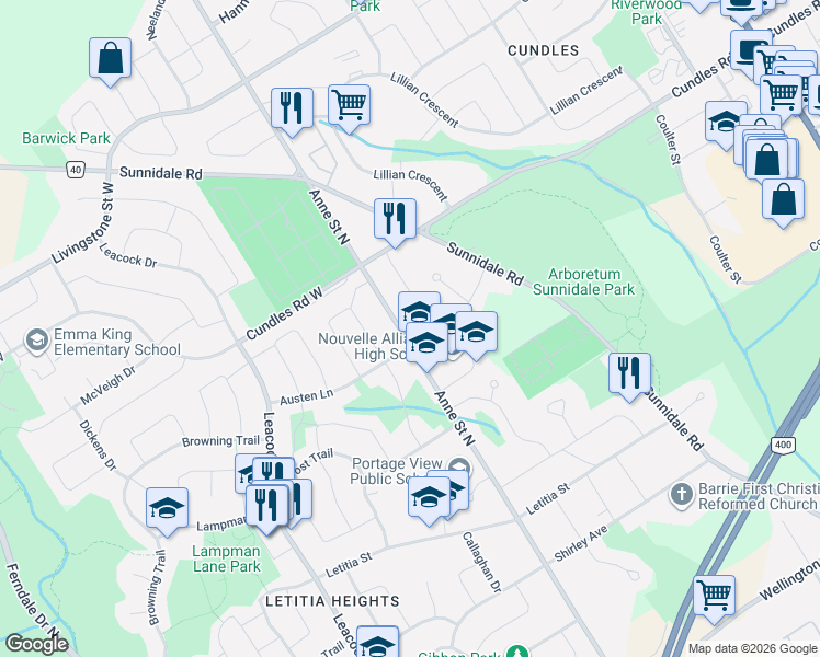 map of restaurants, bars, coffee shops, grocery stores, and more near 253 Anne Street North in Barrie