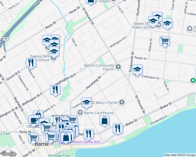 map of restaurants, bars, coffee shops, grocery stores, and more near Penetang Street in Barrie
