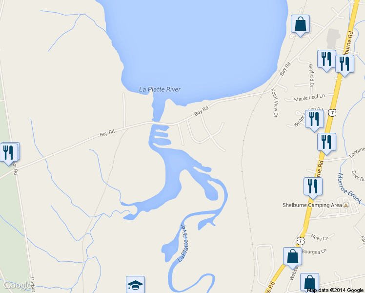 map of restaurants, bars, coffee shops, grocery stores, and more near 987 Bay Road in Shelburne