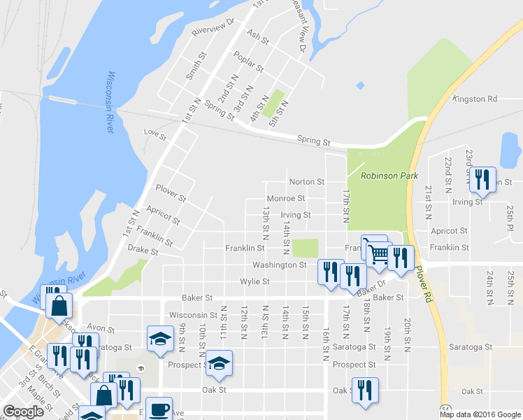 map of restaurants, bars, coffee shops, grocery stores, and more near 1251 Irving Street in Wisconsin Rapids