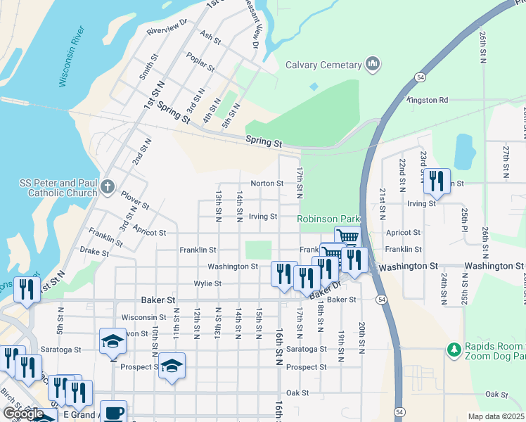 map of restaurants, bars, coffee shops, grocery stores, and more near 1110 15th Street North in Wisconsin Rapids