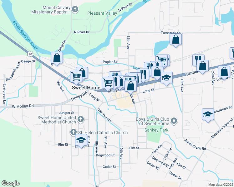 map of restaurants, bars, coffee shops, grocery stores, and more near 1199 10th Avenue South in Sweet Home