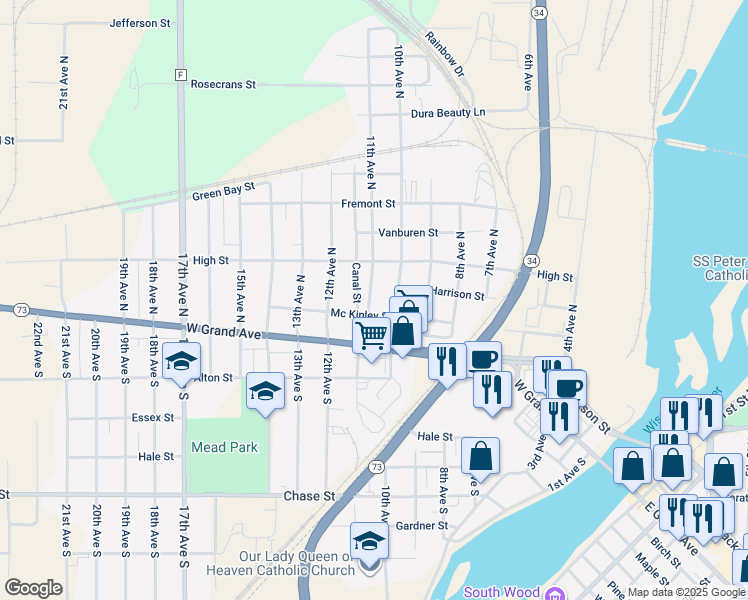 map of restaurants, bars, coffee shops, grocery stores, and more near 230 11th Avenue North in Wisconsin Rapids