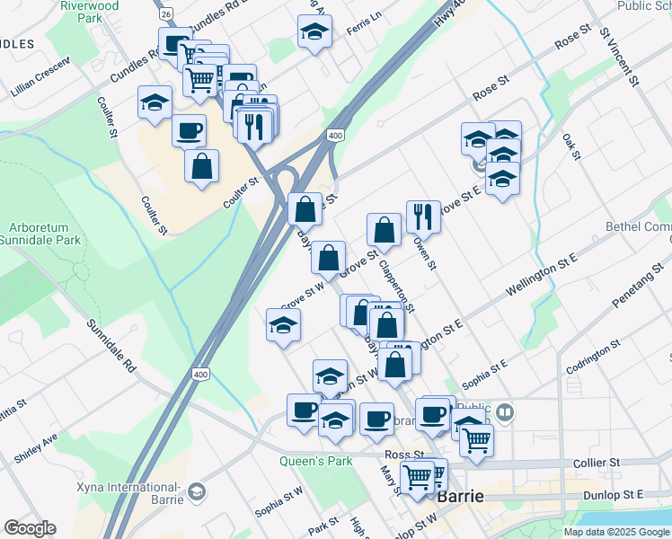map of restaurants, bars, coffee shops, grocery stores, and more near 2 Grove Street East in Barrie