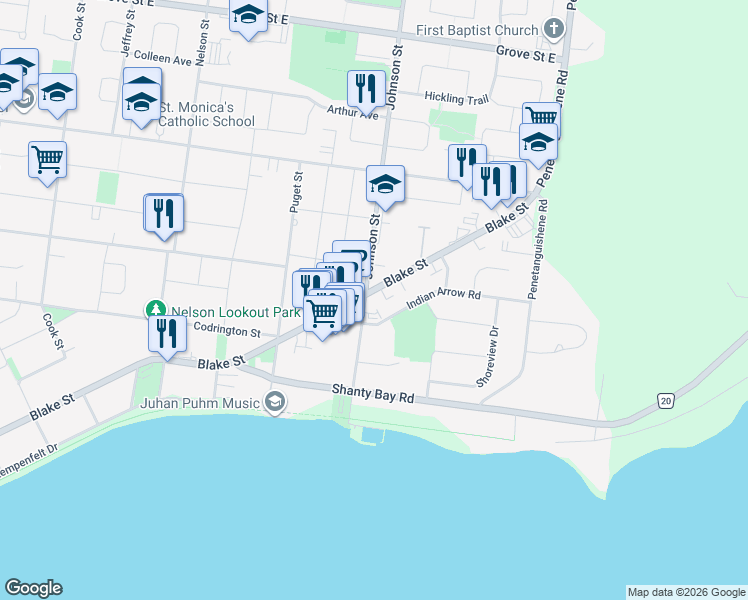 map of restaurants, bars, coffee shops, grocery stores, and more near 329 Blake Street in Barrie
