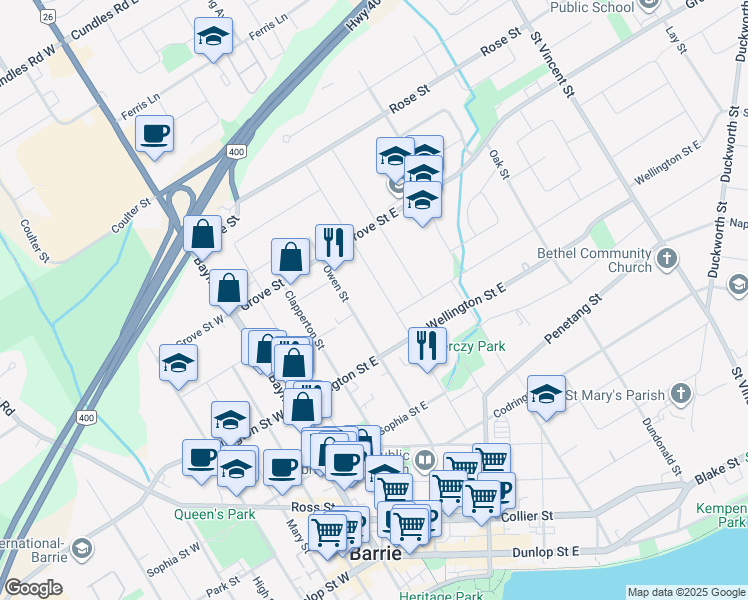 map of restaurants, bars, coffee shops, grocery stores, and more near 94 Peel Street in Barrie