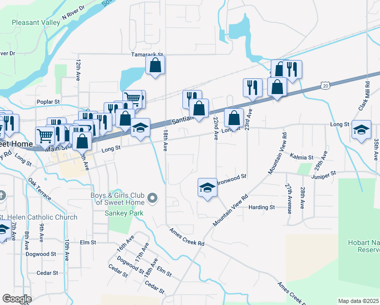 map of restaurants, bars, coffee shops, grocery stores, and more near 1890 Kalmia Street in Sweet Home