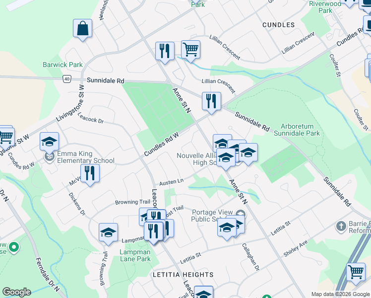 map of restaurants, bars, coffee shops, grocery stores, and more near 58 Chaucer Crescent in Barrie