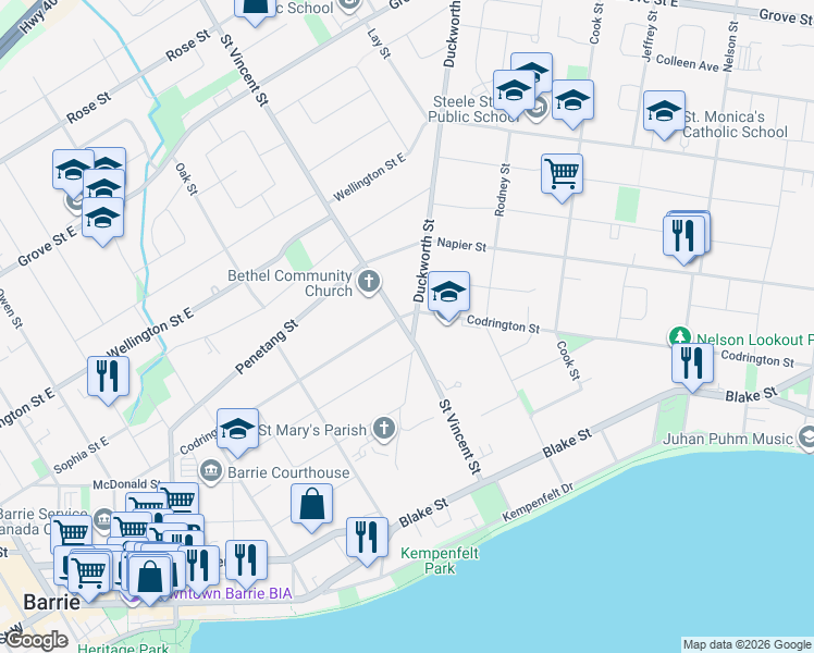 map of restaurants, bars, coffee shops, grocery stores, and more near 160 Duckworth Street in Barrie