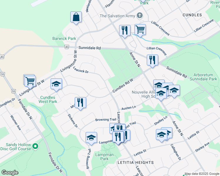 map of restaurants, bars, coffee shops, grocery stores, and more near 509 Leacock Drive in Barrie