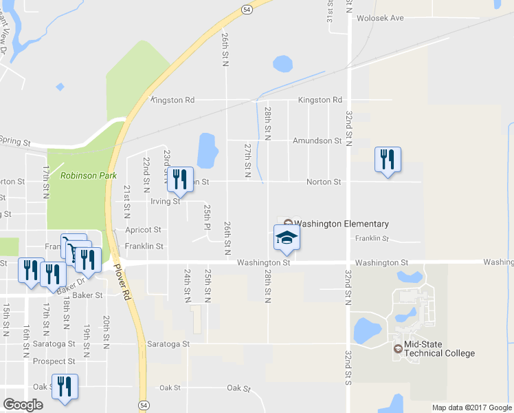 map of restaurants, bars, coffee shops, grocery stores, and more near 1121 28th Street North in Wisconsin Rapids