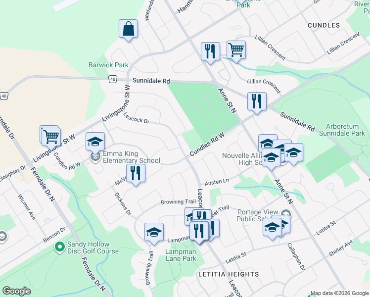 map of restaurants, bars, coffee shops, grocery stores, and more near 509 Leacock Drive in Barrie