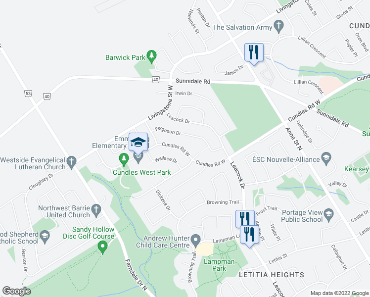 map of restaurants, bars, coffee shops, grocery stores, and more near 330 Cundles Road West in Barrie