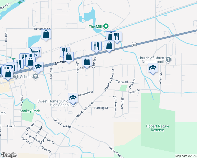 map of restaurants, bars, coffee shops, grocery stores, and more near 1050 24th Avenue in Sweet Home