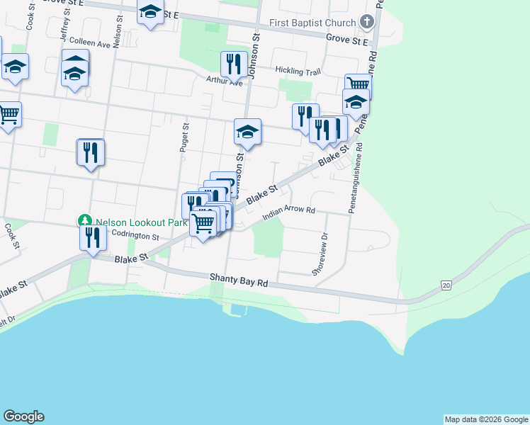 map of restaurants, bars, coffee shops, grocery stores, and more near 22 Indian Arrow Road in Barrie