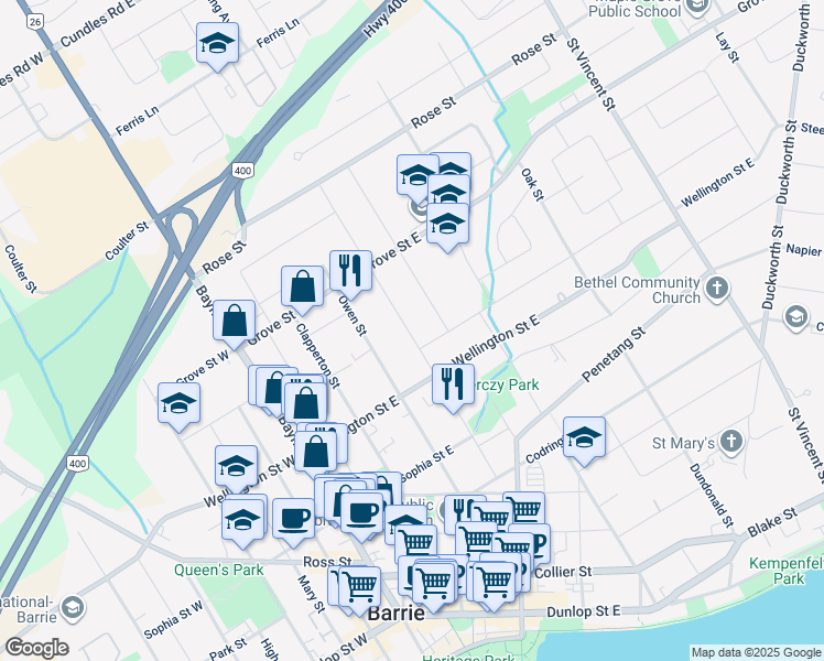map of restaurants, bars, coffee shops, grocery stores, and more near 8 Gunn Street in Barrie