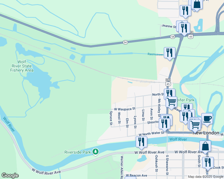 map of restaurants, bars, coffee shops, grocery stores, and more near 1215 West Waupaca Street in New London