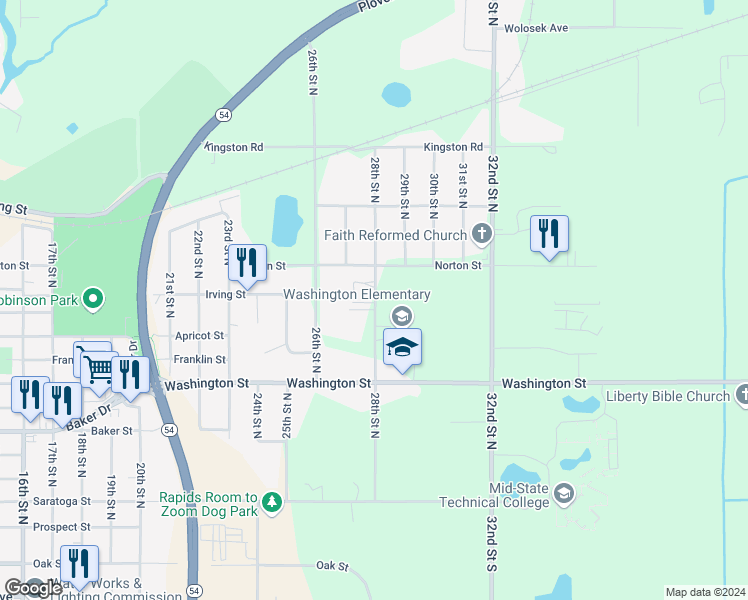 map of restaurants, bars, coffee shops, grocery stores, and more near 1211 28th Street North in Wisconsin Rapids