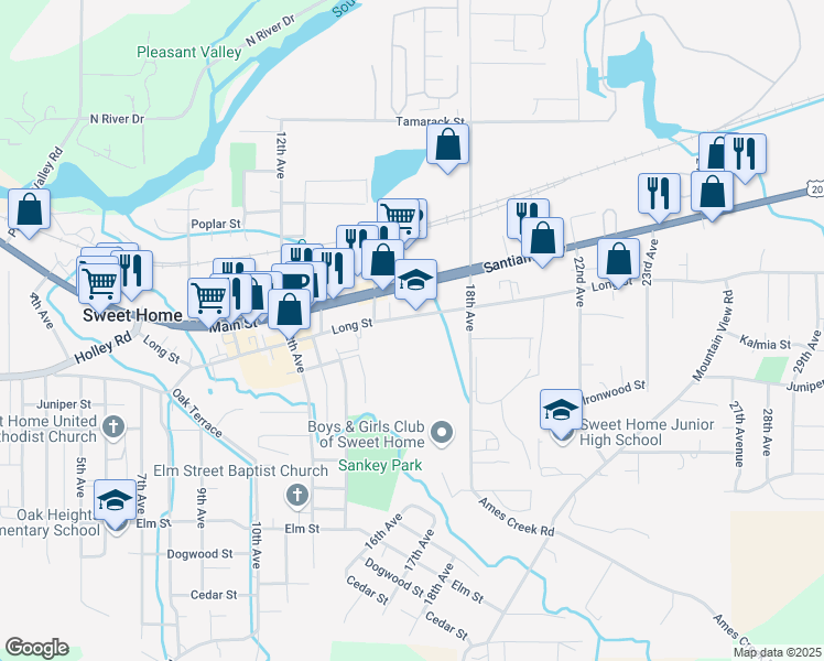 map of restaurants, bars, coffee shops, grocery stores, and more near 1641 Long Street in Sweet Home