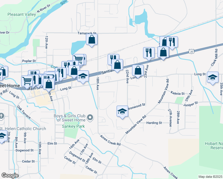map of restaurants, bars, coffee shops, grocery stores, and more near 1890 Kalmia Street in Sweet Home