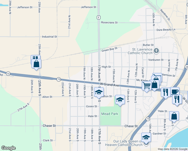 map of restaurants, bars, coffee shops, grocery stores, and more near 110 18th Avenue North in Wisconsin Rapids