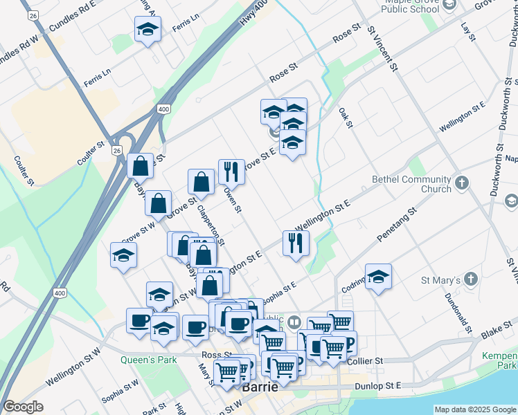 map of restaurants, bars, coffee shops, grocery stores, and more near in Barrie