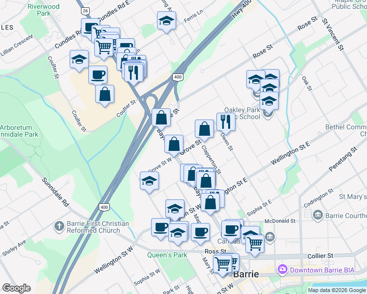 map of restaurants, bars, coffee shops, grocery stores, and more near 2 Grove Street East in Barrie