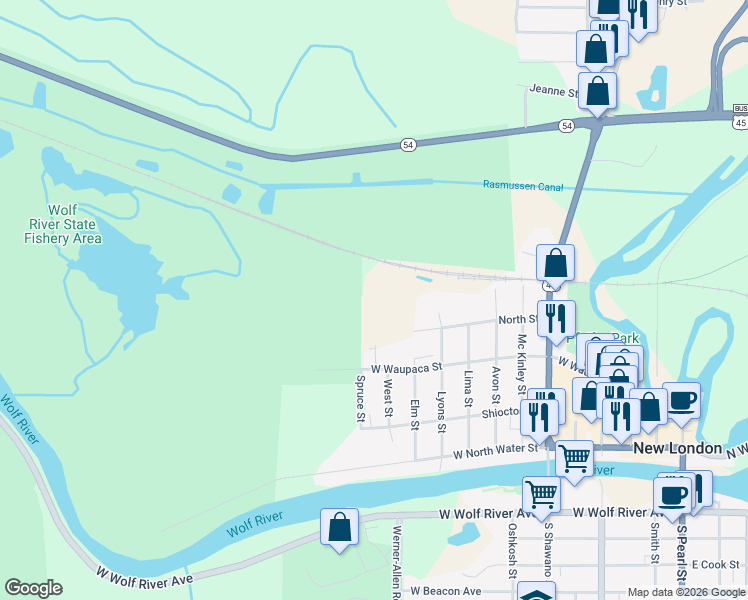 map of restaurants, bars, coffee shops, grocery stores, and more near 1215 West Waupaca Street in New London