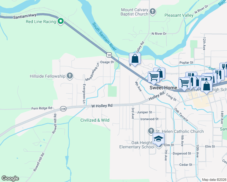 map of restaurants, bars, coffee shops, grocery stores, and more near 1300 Westwood Lane in Sweet Home