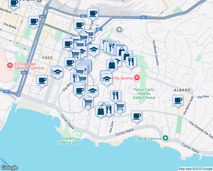 map of restaurants, bars, coffee shops, grocery stores, and more near Via San Nazaro in Genoa