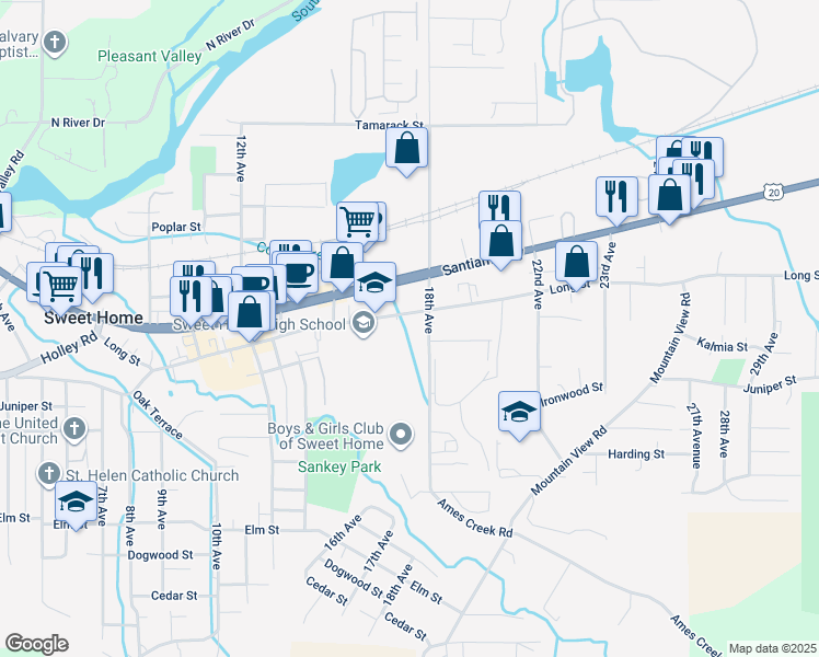 map of restaurants, bars, coffee shops, grocery stores, and more near 1745 Long Street in Sweet Home