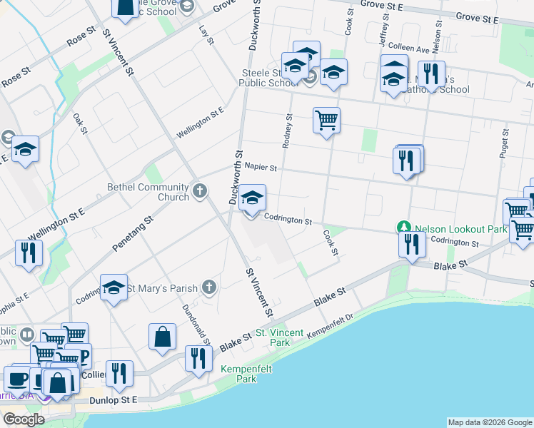 map of restaurants, bars, coffee shops, grocery stores, and more near 217 Codrington Street in Barrie