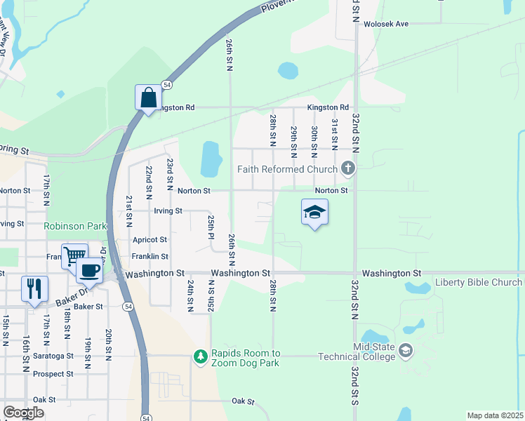 map of restaurants, bars, coffee shops, grocery stores, and more near 1121 28th Street North in Wisconsin Rapids