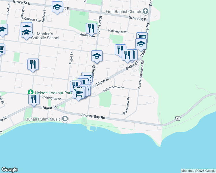 map of restaurants, bars, coffee shops, grocery stores, and more near 28 Indian Arrow Road in Barrie