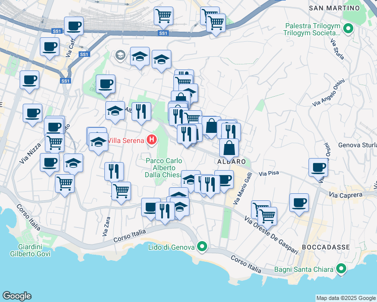 map of restaurants, bars, coffee shops, grocery stores, and more near 9 Via San Giuliano in Genova